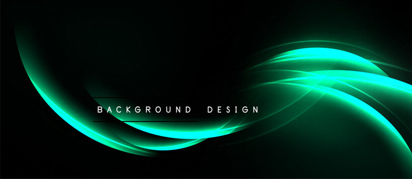 Abstract green light waves over black background. Elegant design, smooth curves, dynamic flow, modern aesthetic. Simple text overlay present. - Powered by Adobe