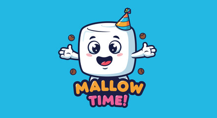 Cute Marshmallow Character Celebrating with Party Hat and Text Mallow Time.
