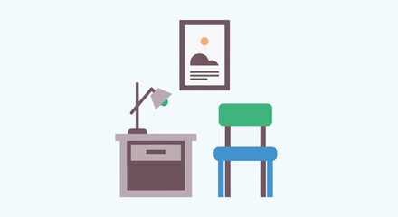 Minimalist illustration of a nightstand with a lamp and a chair.