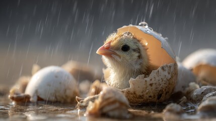 tiny, fragile bird just hatched from a broken egg, wet feathers glistening, sitting amidst delicate shell fragments, with soft light highlighting its new life and the tender beginning of its journey