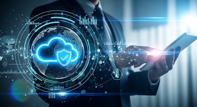 Businessman interacting with a futuristic digital cloud security interface on a tablet