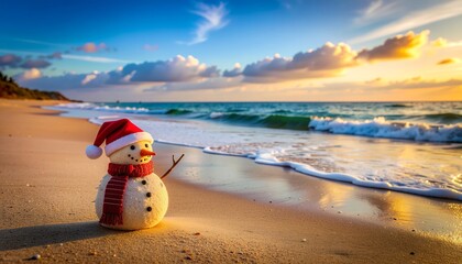 Sandy snowman enjoys a tropical Christmas vacation, standing on a warm beach as the sun sets over the ocean, embracing unique holiday cheer and a delightful paradox of seasons