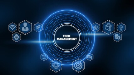 Futuristic digital interface with blue circular HUD and icons for tech management technology - Powered by Adobe