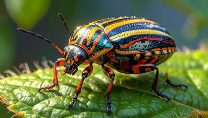 Naklejka premium Close-up of a vibrant, striped beetle on a vibrant green leaf