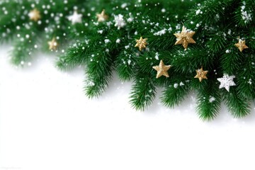 Festive Cheer: Golden stars and delicate snowflakes adorn a vibrant evergreen bough, evoking the magic of the holiday season and a celebration of winter wonder.