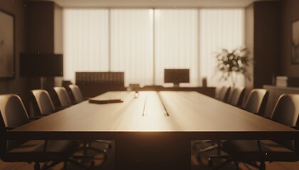 Elegant and modern boardroom interior with a long table and chairs, creating a professional and quiet corporate meeting atmosphere