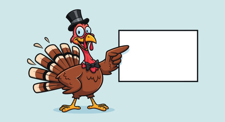 Cartoon Turkey Wearing a Top Hat and Bow Tie Points to a Blank Sign.