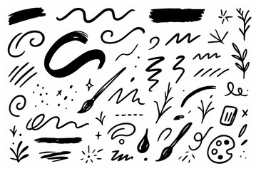 Hand-drawn doodle vector set of brush strokes created in a playful sketchy style, isolated on white background
