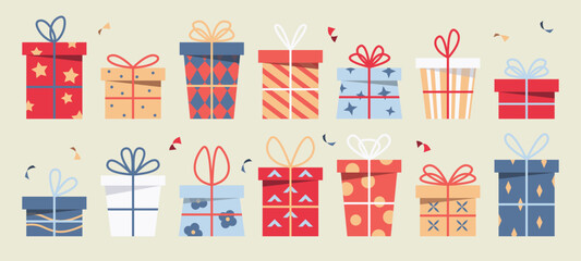 Christmas Gift Stack, Birthday Present Gift Box Set, Flat Style Illustration