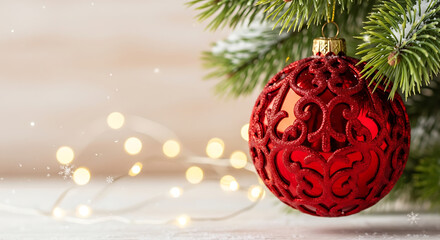 Festive red Christmas ornament with delicate filigree hangs from a snow-kissed evergreen branch, twinkling lights create a magical holiday atmosphere