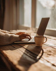 Woman working on laptop with coffee mug beside