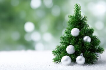 Festive Charm: A miniature Christmas tree stands adorned with elegant ornaments, set against a dreamy backdrop, embodying the magic of the holiday season.