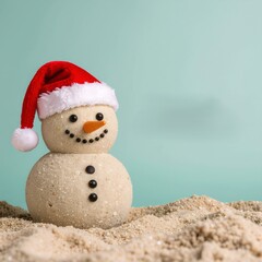 Charming sandy snowman with a red Santa hat on a turquoise background, celebrating a tropical Christmas holiday