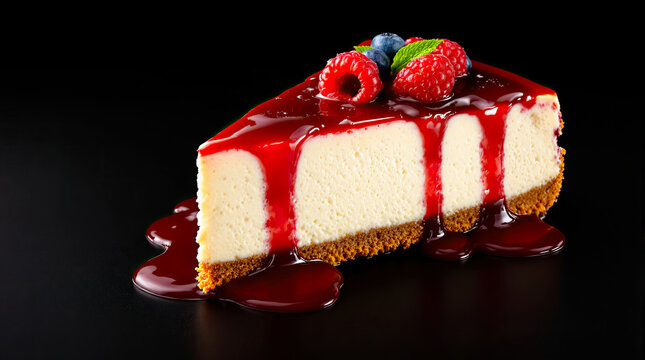 K&auml;sekuchen-St&uuml;ck mit Beeren-Topping und roter Sauce auf schwarzem Hintergrund