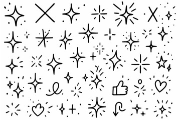 Hand-drawn doodle vector set of cross sparkles, created in a fun, sketchy style, isolated on white background
