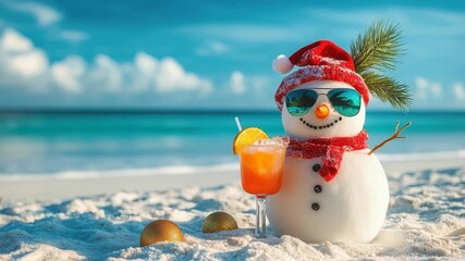 Happy snowman in a Santa hat and sunglasses sipping a tropical cocktail on sunlit sand, blending festive Christmas charm with a playful summer beach vacation vibe