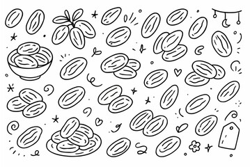 Hand-drawn doodle vector set of dates khajoor created in a playful sketchy style, isolated on white background
