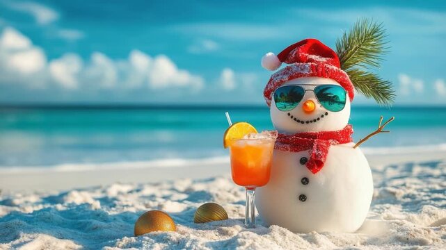 Happy snowman in a Santa hat and sunglasses sipping a tropical cocktail on sunlit sand, blending festive Christmas charm with a playful summer beach vacation vibe