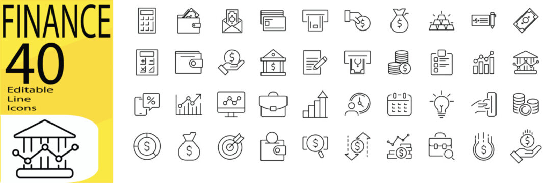 Finance icon set. Editable stroke. Finance thin line icon set. Saving, increasing and spending finances. Payments elements, budget, loan, bank, deposit, money, profit, piggy bank - stock vector.