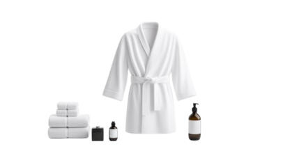Hotel amenities set including towels and bathrobe