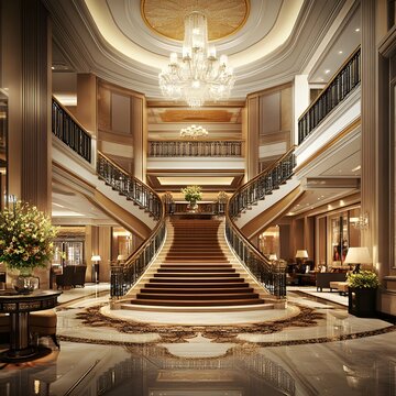 Grand Luxurious Hotel Lobby with Ornate Chandelier and Symmetrical Double Staircase