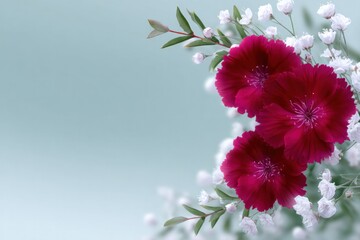 Crimson Blossoms: A close-up view captures the rich details of vibrant crimson flowers, framed by delicate white baby's breath blossoms, creating a visual symphony of color and texture. 
