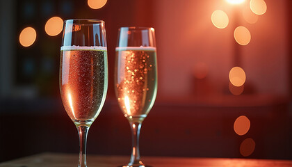 Two champagne flutes on wood with bokeh lights, elegant festive celebration scene