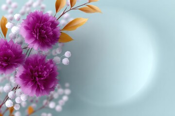 Floral Fantasy: A delicate display of vibrant purple peonies and golden leaves, interspersed with tiny white berries, graces a soft blue backdrop, evoking feelings of serenity and beauty.