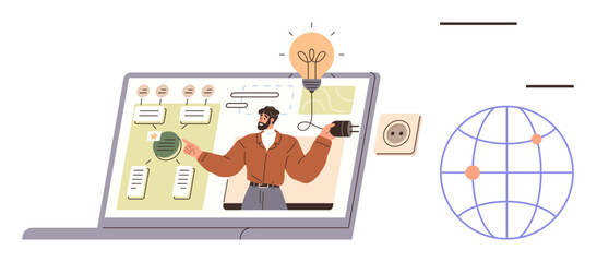 Laptop screen displaying a virtual presentation with diagrams and lightbulb symbolizing ideas. Globe highlights global communication. Ideal for education, e-learning, creativity, innovation