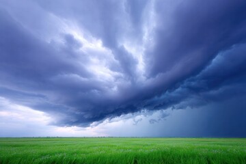 Stormy Sky Over Green Field: Dramatic clouds dominate the sky over a lush green field. The scene evokes a sense of anticipation and the raw power of nature. 