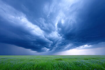 Storm Brewing: A dramatic landscape featuring a vibrant green field under a churning, dramatic, stormy sky, capturing the raw power of nature.