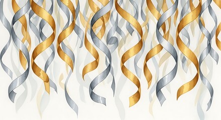 A festive array of gold and silver streamers hanging against a bright white background creating a party vibe