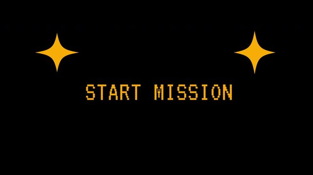 Retro pixel art animation displays 'START MISSION' text with twinkling stars. 4K video animation for video game