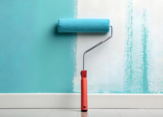Obraz premium Paint roller with paint dripping, home improvement projects, creative DIY, modern design, fresh coat, renovate, remodel, interior design inspiration