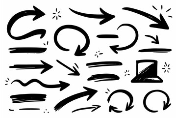 Hand-drawn doodle vector set of highlight arrows created in a fun sketchy style isolated on white background
