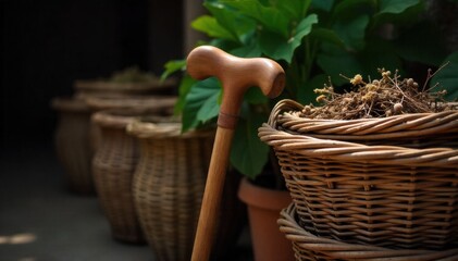 Rustic Wooden Walking Cane Leaning Against a Stack of Baskets with Dried Flowers and Twigs A still life composition with a rustic, weathered wooden walking cane leaning against a stack of woven
