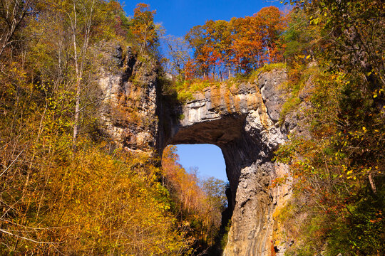 Natural Bridge, Virginia USA in autumn with bright blue sky