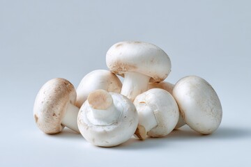 Fresh white mushrooms group on light background