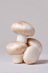 Fresh white mushrooms piled on a neutral background
