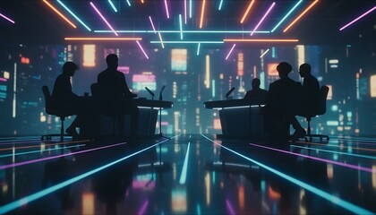 Cyberpunk Conference Silhouettes in a Neon-Lit Meeting Room