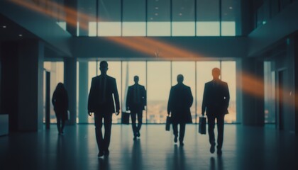 Business professionals walking through a modern office lobby with sunlight streaming in