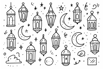 Hand-drawn doodle vector set of lanterns fanous created in a playful sketchy style, isolated on white background 