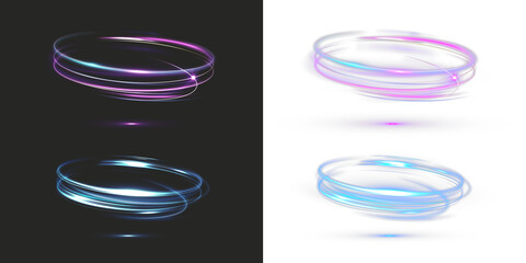 Glowing neon swirling rings in blue, purple and gold with dynamic motion and light reflections for futuristic design and digital presentation.
