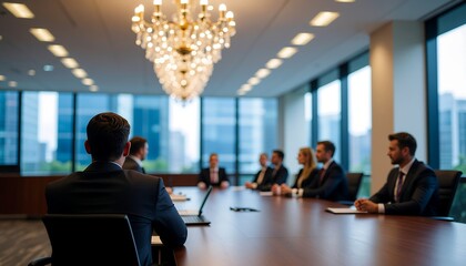 Business Meeting in a Modern Boardroom with Colleagues Discussing Strategy Around a Large Table