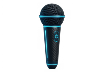 Wireless microphone with blue neon light detail, projecting sound, music, and voice for entertainment or performance