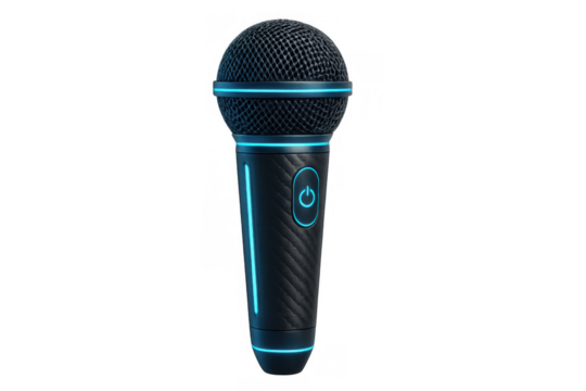 Wireless microphone with blue neon light detail, projecting sound, music, and voice for entertainment or performance - Powered by Adobe