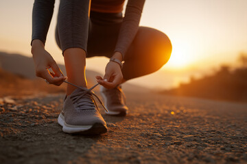 Cropped shot of runner tying shoelaces at sunrise on trail