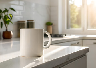 Blank white ceramic coffee mug on a clean kitchen counter, bathed in soft morning sunlight, creating a bright and minimalist background perfect for product mockups and branding designs