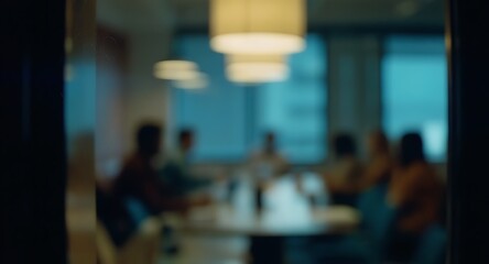 Out-of-focus glimpse into a busy office meeting, illustrating a collaborative team discussion and the vibrant energy of a modern workspace