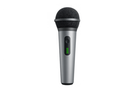 Wireless microphone for professional audio, recording, singing, and public speaking, featuring a full battery indicator. Transparent background